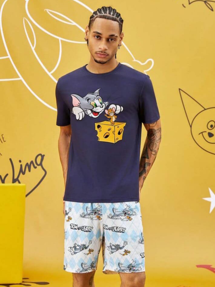 Uptown Funky Men's Cartoon Print Short Sleeve T-Shirt & Argyle Pattern Shorts Set Sleepwear